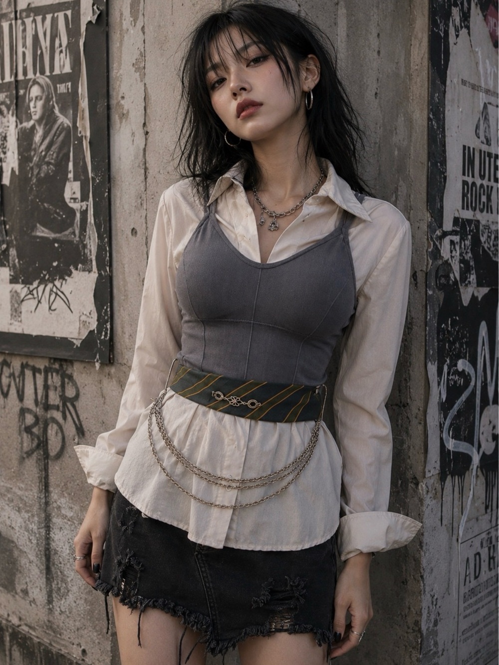 Vintage Necktie Belt Embellished w/Chains & Pins Adjustable Edgy Festival